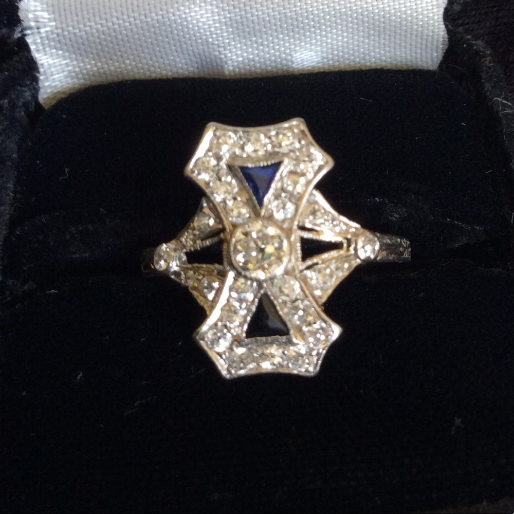 Vintage Art Deco Euro Diamond & Sapphire Ring sz 8 - Picture 1 of 10